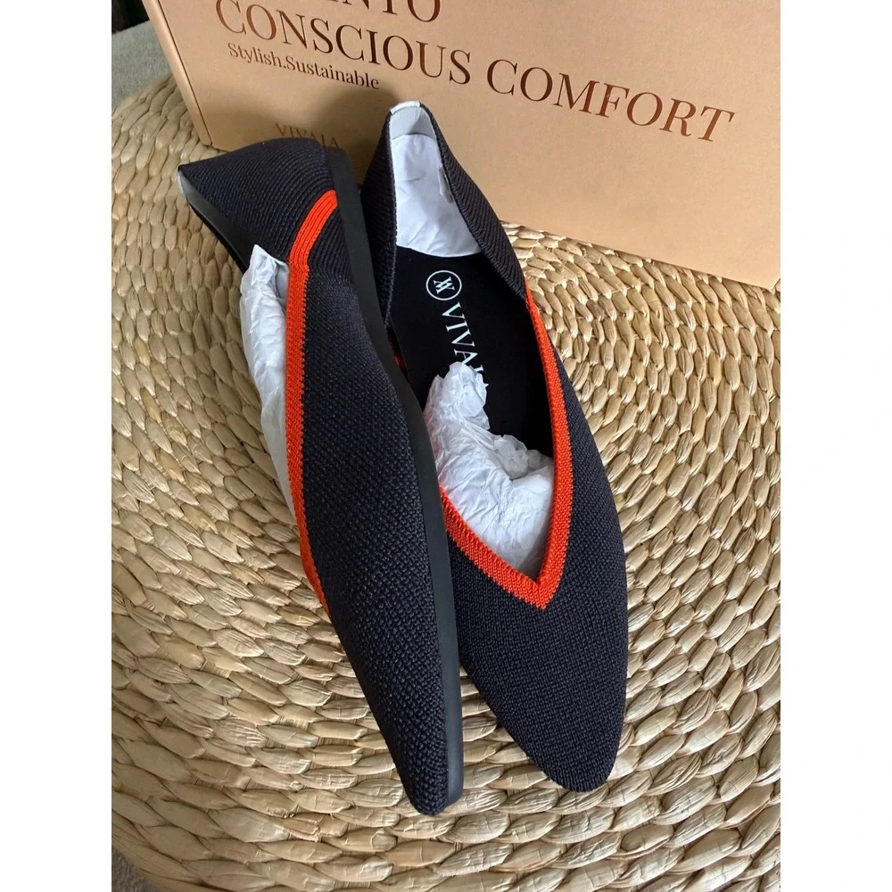 VIVAIA Chic Black Knit Pointed Flats with Bold Orange V-Cut Trim EU/35.5‎ US/5.5